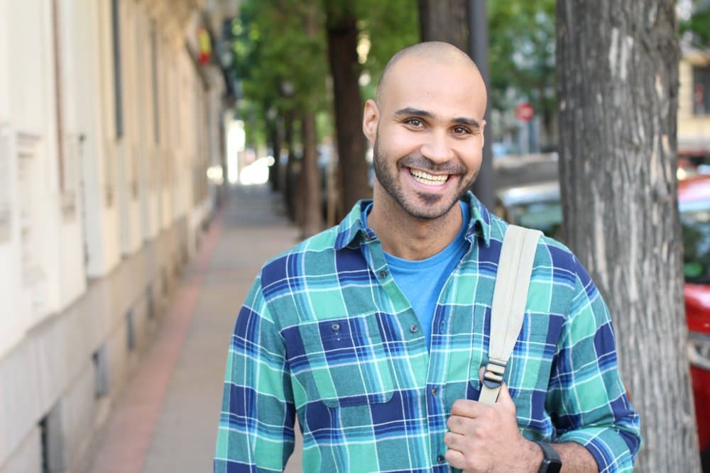 happy man in blue